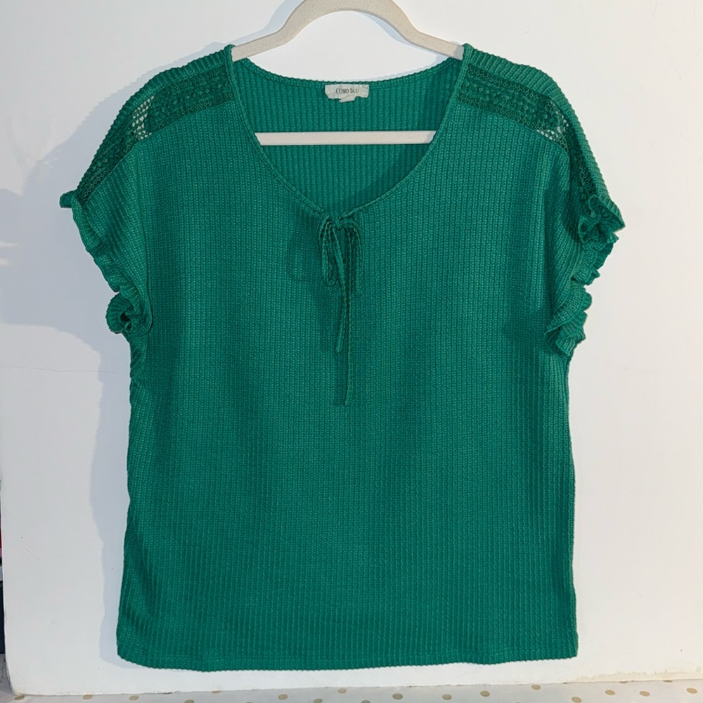 Como Blue Green Cotton Top with Ruffle Sleeves Sz L